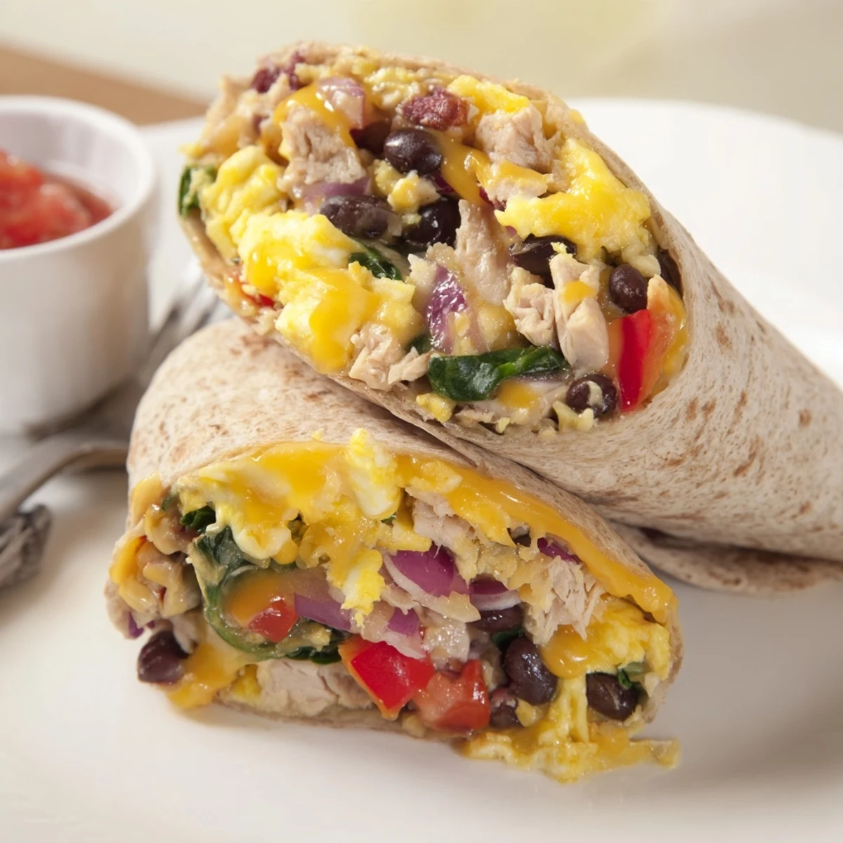 Warm Protein Breakfast Burrito overflowing with fluffy eggs, spinach, and beans