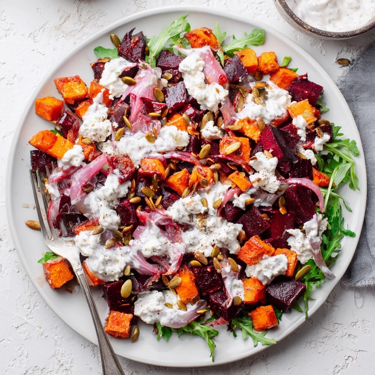 Creamy Roasted Beet Salad With Sweet Potato Feta served warm over peppery arugula