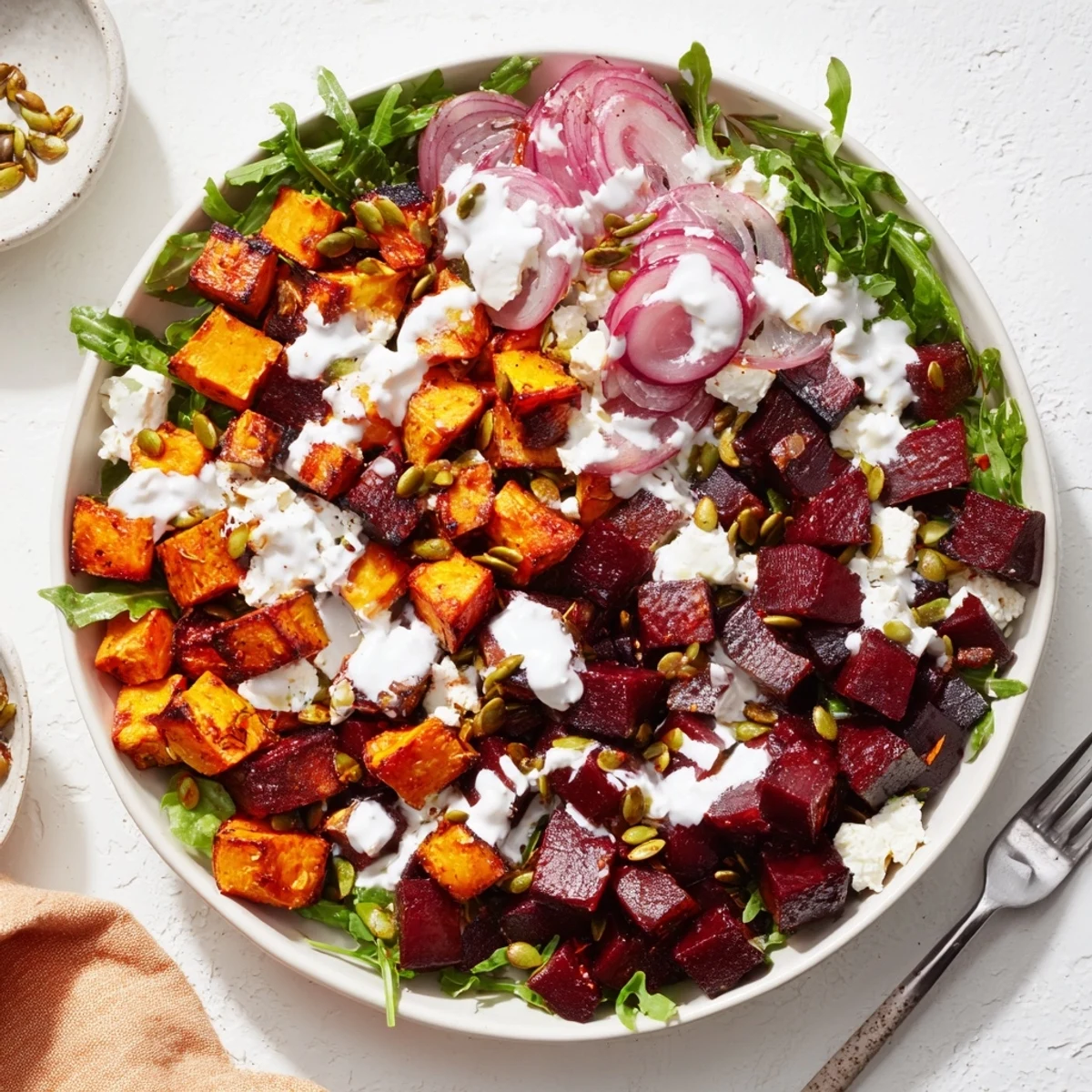 Vibrant Creamy Roasted Beet Salad With Sweet Potato Feta drizzled with lemon yogurt