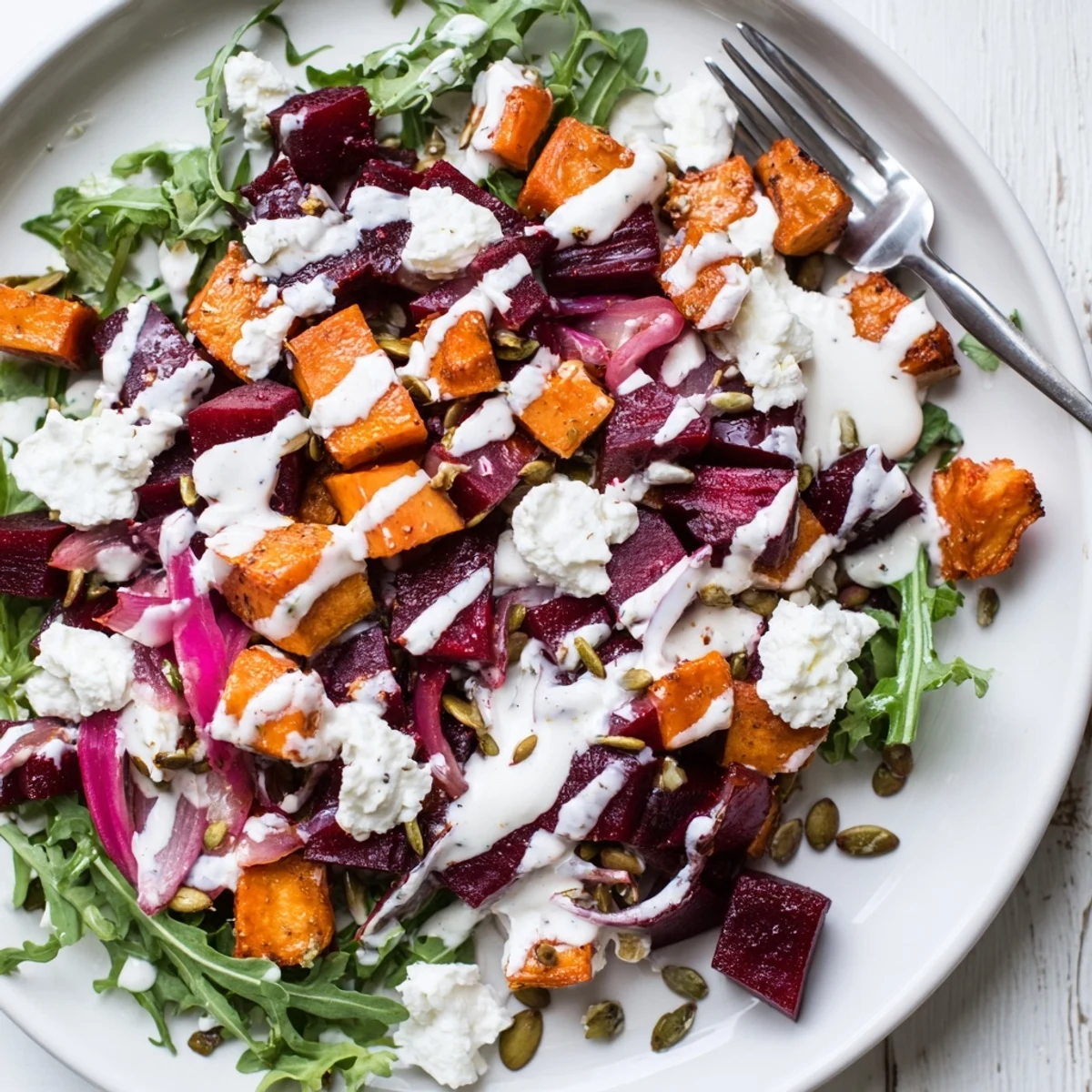 Creamy Roasted Beet Salad With Sweet Potato Feta topped with toasted pumpkin seeds, herbs