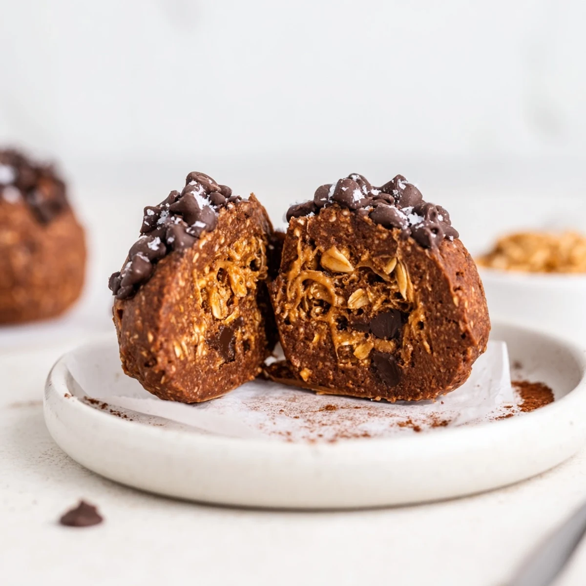 Brownie Protein Bites arranged on parchment, fudgy centers and chocolate chips