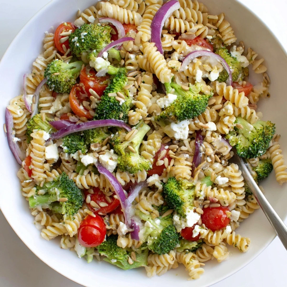Chilled Broccoli Pasta Salad tossed with cherry tomatoes, feta, and crunchy seeds