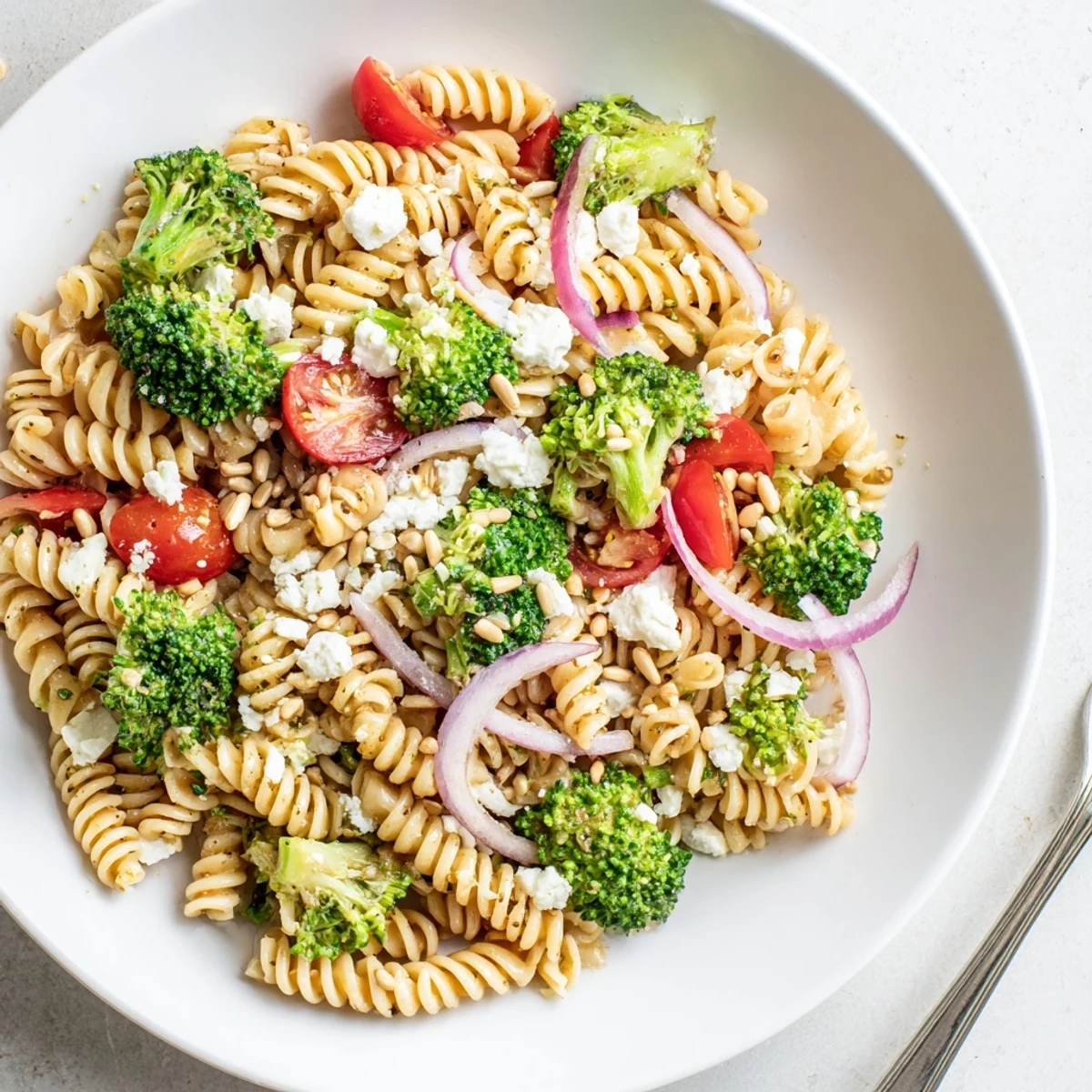 Picnic-ready Broccoli Pasta Salad with bright veggies, tangy dressing, served cold