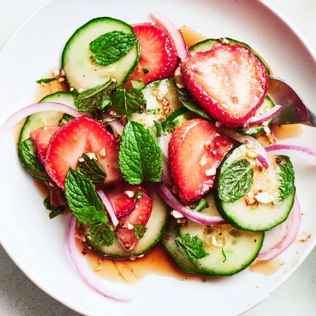 Cucumber Strawberry Salad with torn mint, honey balsamic dressing, bright summer colors