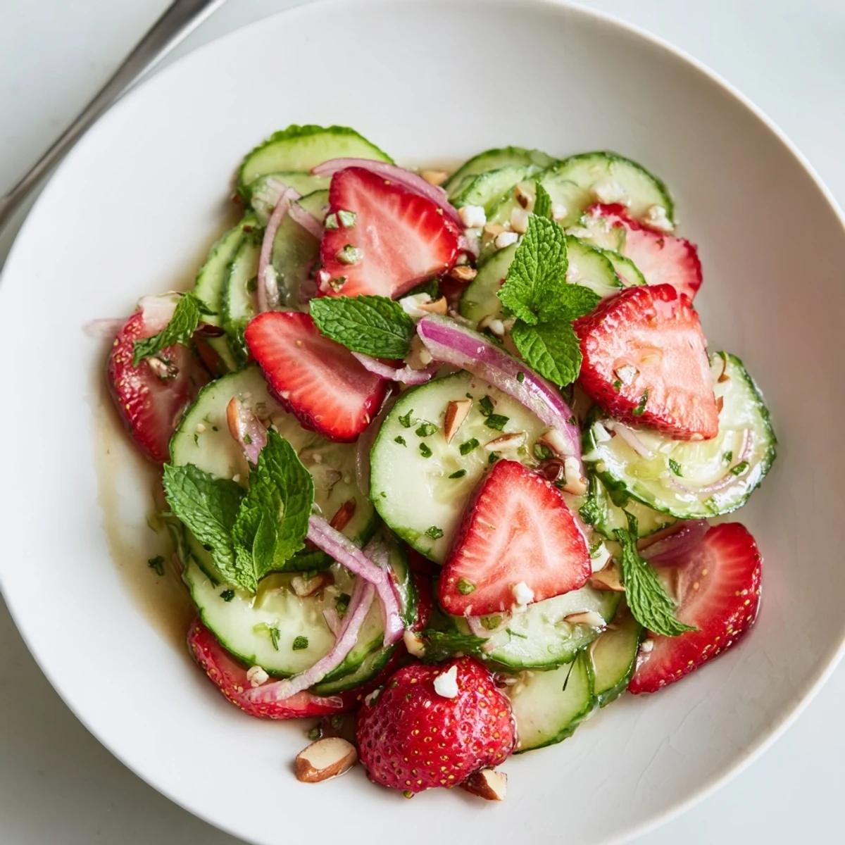 Refreshing Cucumber Strawberry Salad served with mint, crunchy almonds, bright citrus notes