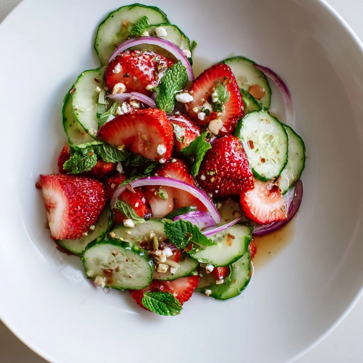 Bowl of Cucumber Strawberry Salad tossed with feta and toasted almonds, chilled