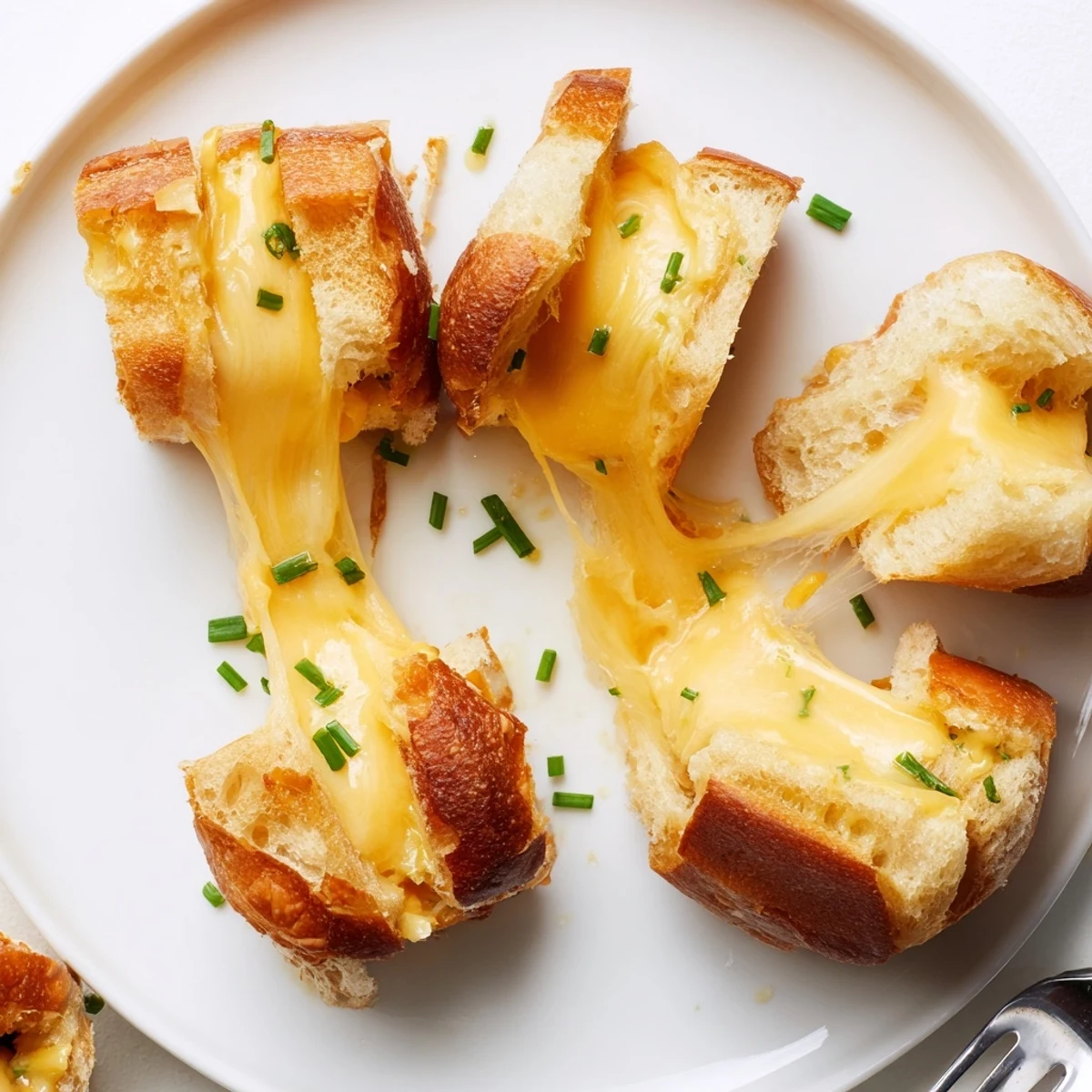 Skillet crisped Mini Grilled Cheese Hawaiian Rolls, buttery edges and chive sprinkle.