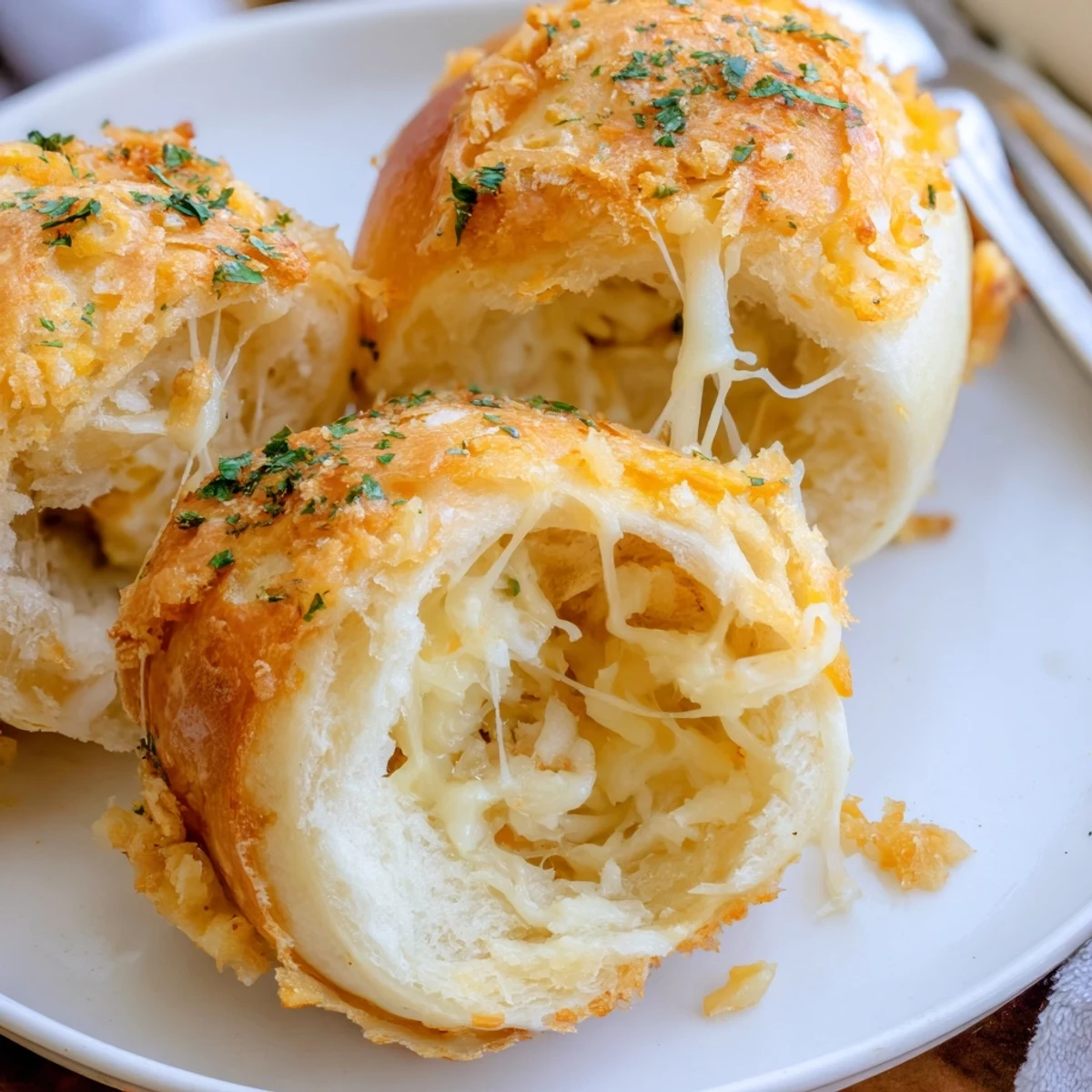 Freshly split open, gooey cheese and garlic aroma in Buttery Cheese Garlic Rolls
