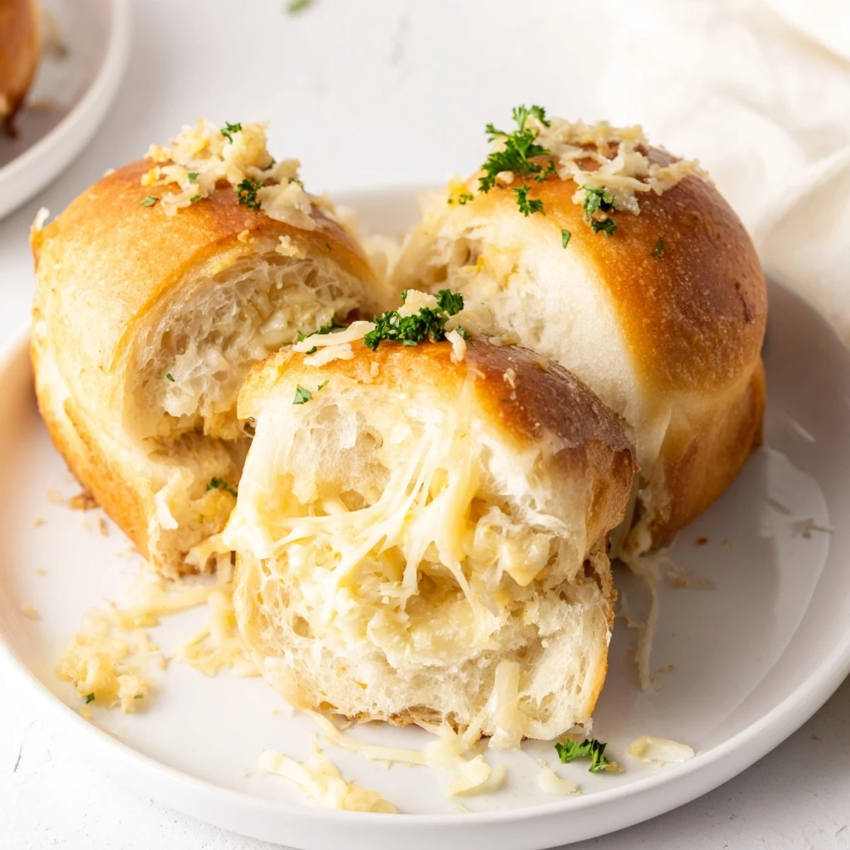 Parchment-lined tray of warm, golden Buttery Cheese Garlic Rolls ready to serve