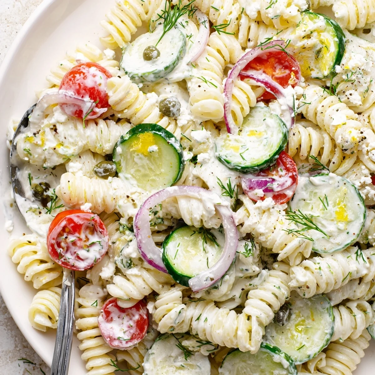 Cucumber Pasta Salad with creamy lemon yogurt dressing, bright cherry tomatoes, chilled.