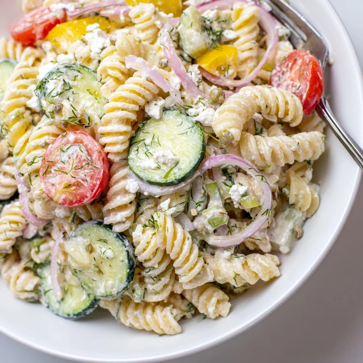Chilled Cucumber Pasta Salad with tender pasta, dill, halved cherry tomatoes.