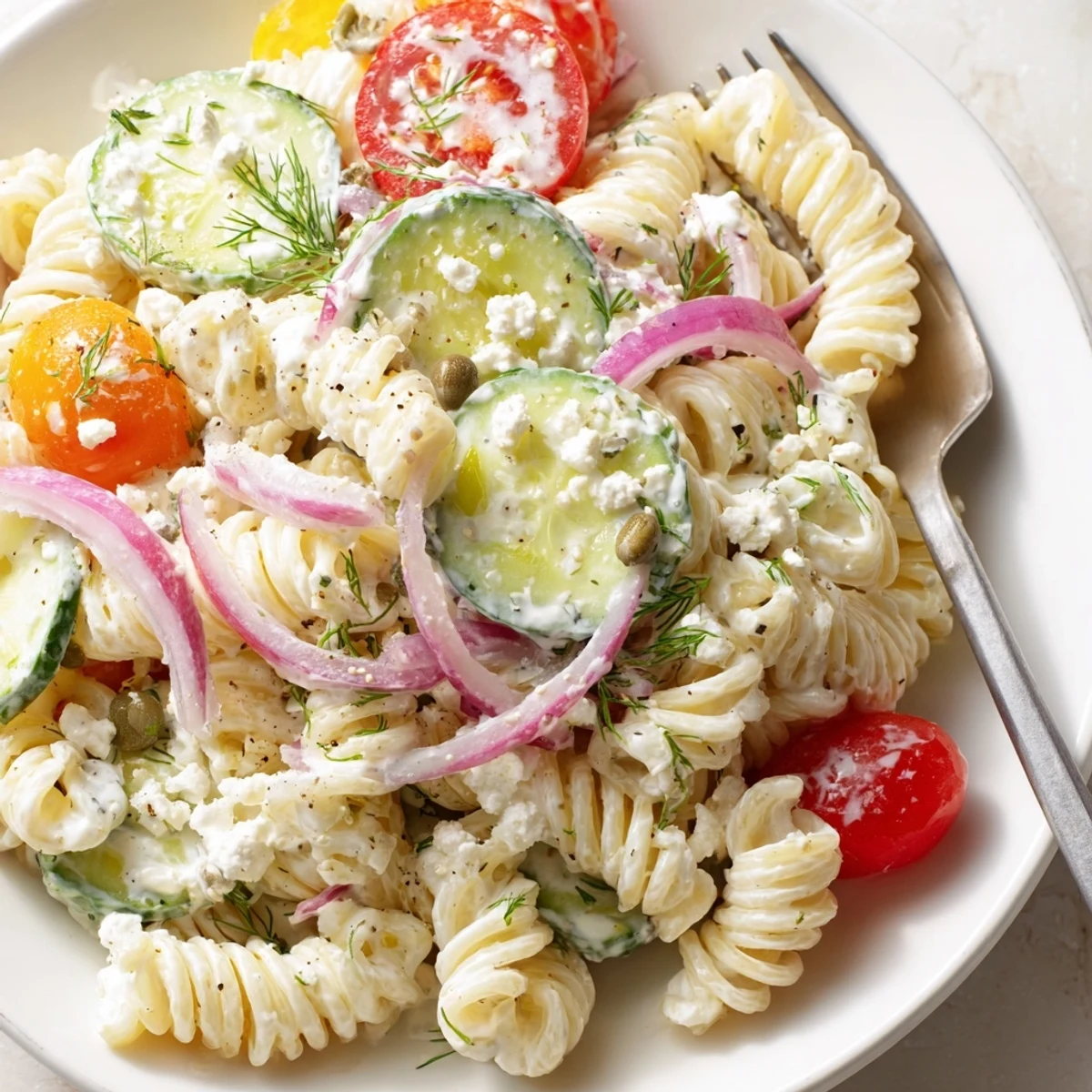 Summer-ready Cucumber Pasta Salad served chilled for picnics, tangy garlic dressing.