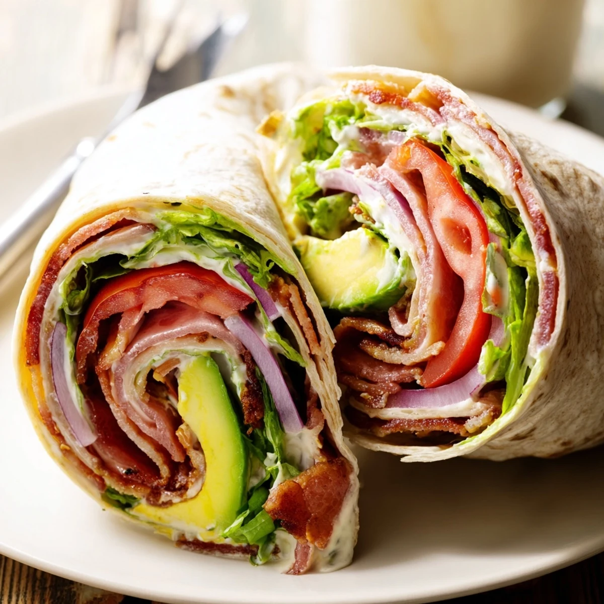 Meal Prep BLT Wraps with crispy bacon, juicy tomato, creamy dressing ready to go