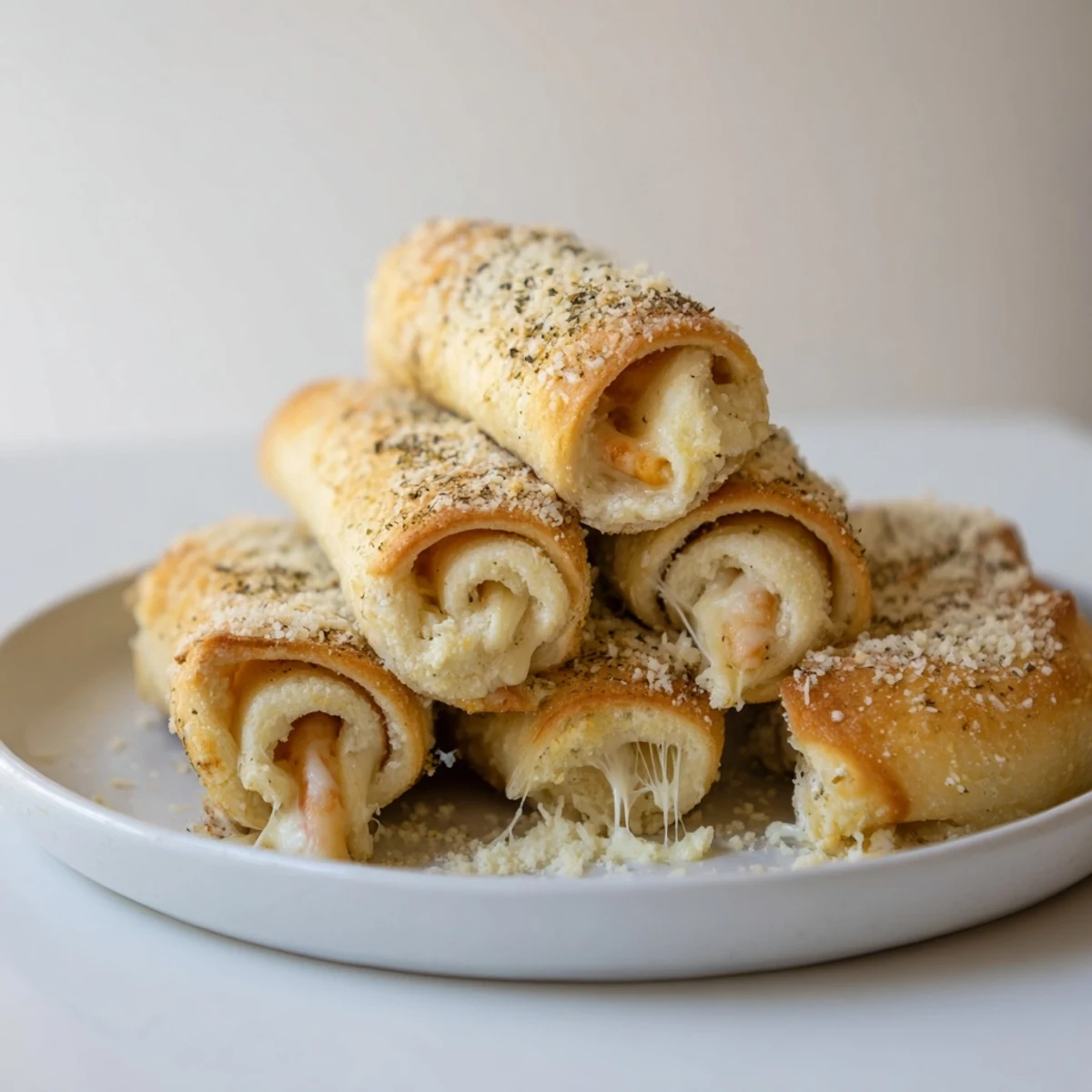 Crispy Cheesy Roll Ups on parchment, golden crust and gooey mozzarella center