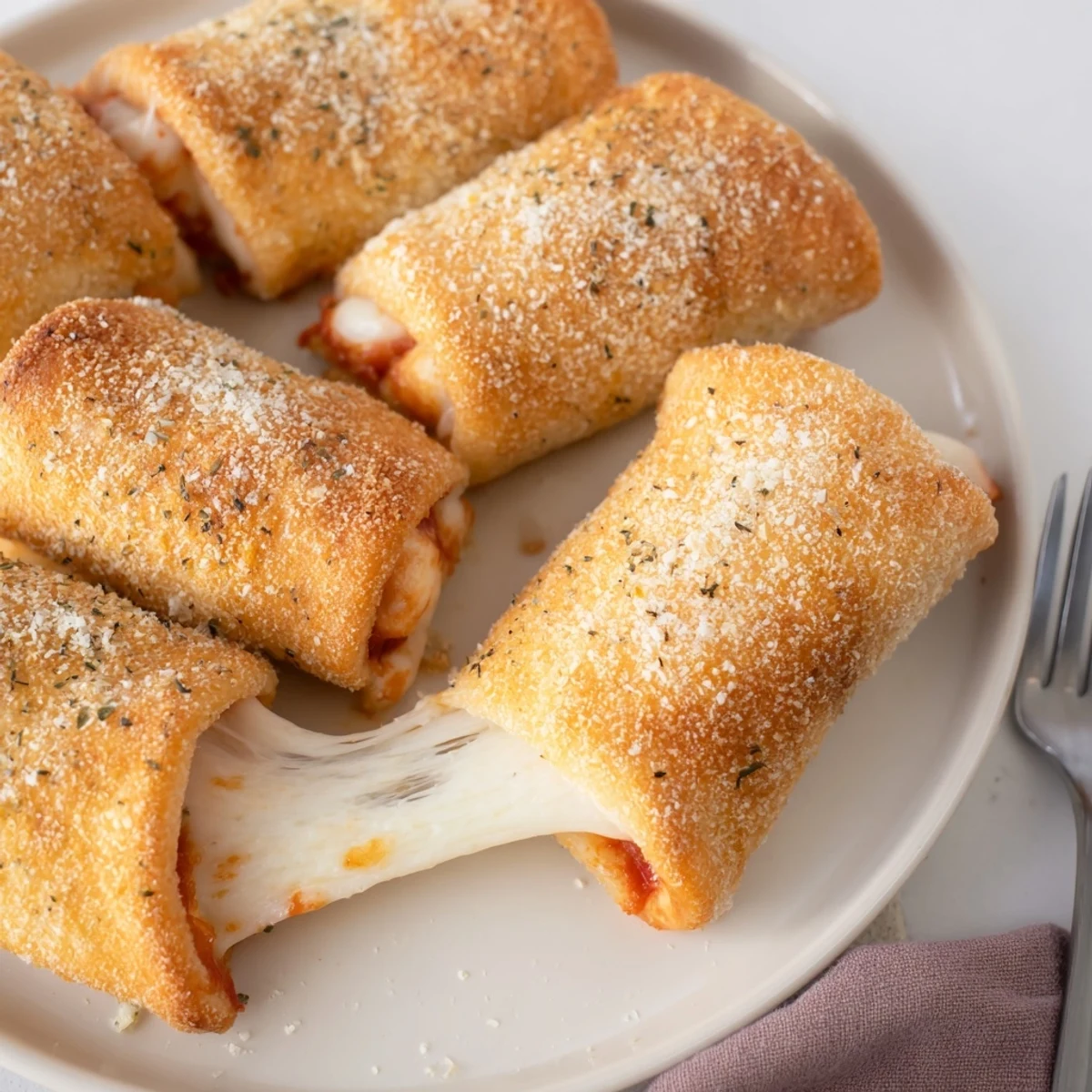 Baked Crispy Cheesy Roll Ups, sprinkled Parmesan and herbs, steaming and ready
