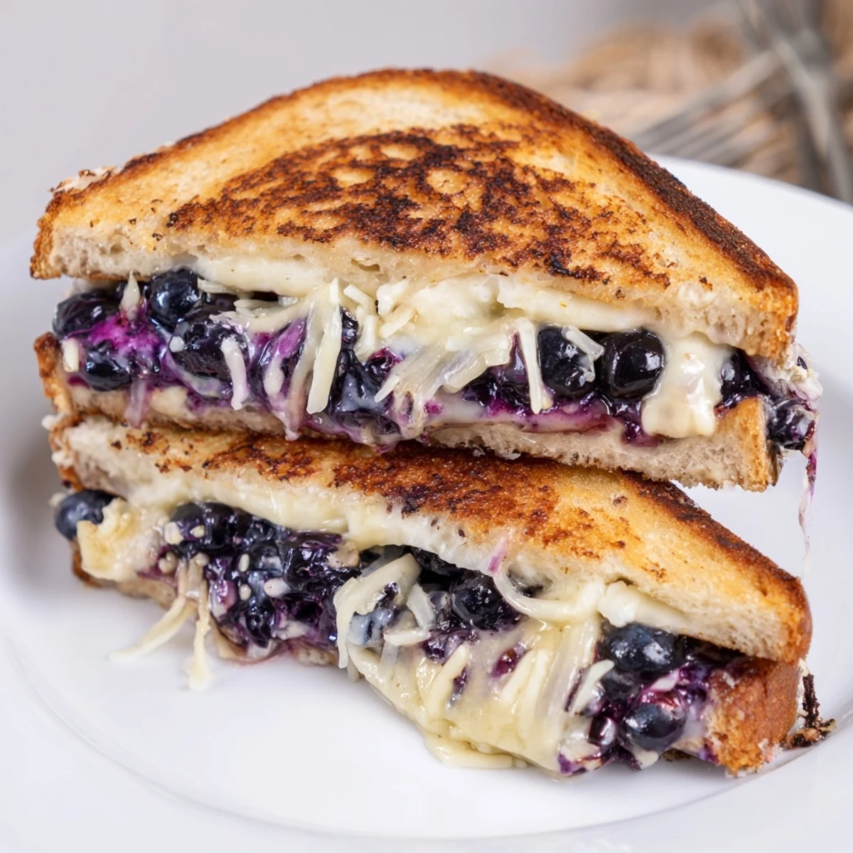 Warm Juicy Blueberry Grilled Cheese sliced in half, gooey center and sweet
