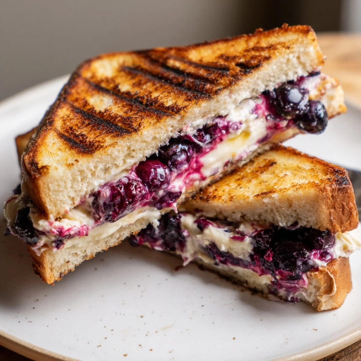 Juicy Blueberry Grilled Cheese with melted mozzarella, golden crust, blueberries peeking