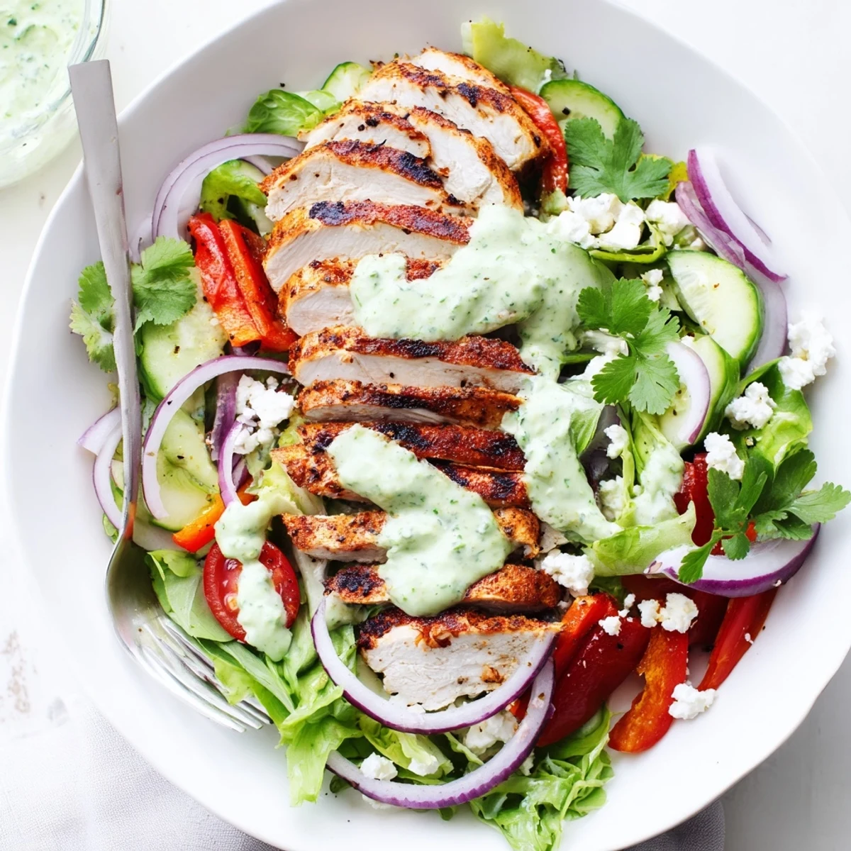 Grilled Chicken Salad with avocado herb dressing, charred chicken and crisp vegetables.