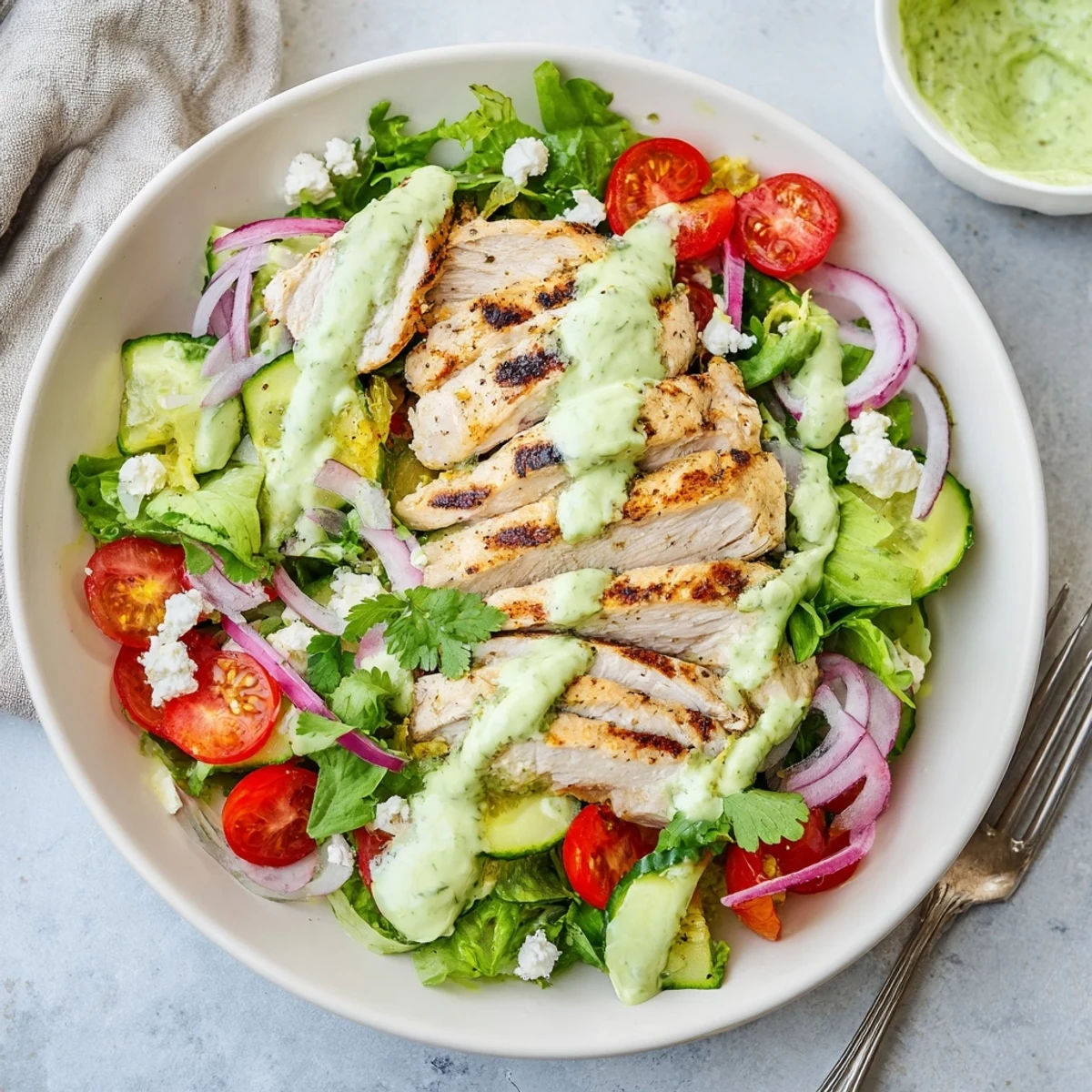Sliced Grilled Chicken Salad with avocado herb dressing over mixed greens, zesty lime.