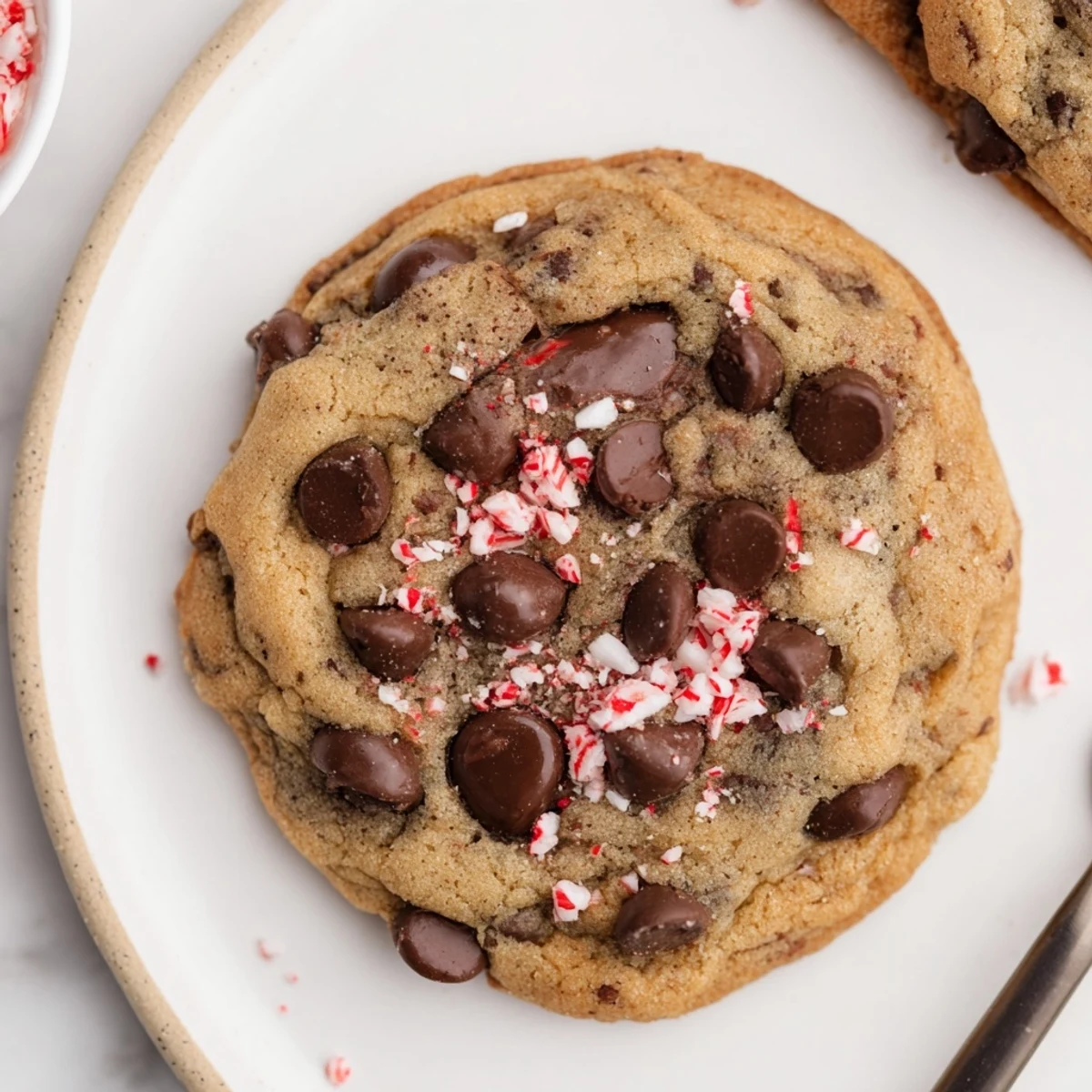 Warm Peppermint Chocolate Chip Cookies cooling on a rack, melty chocolate, bright peppermint crunch