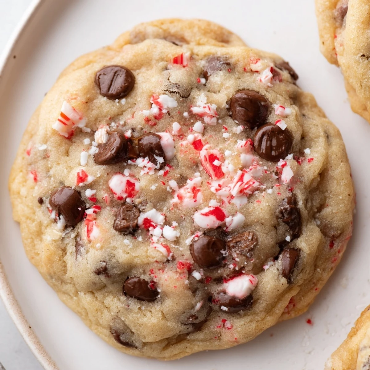 Soft-centered Peppermint Chocolate Chip Cookies beside mug of hot cocoa, holiday-ready