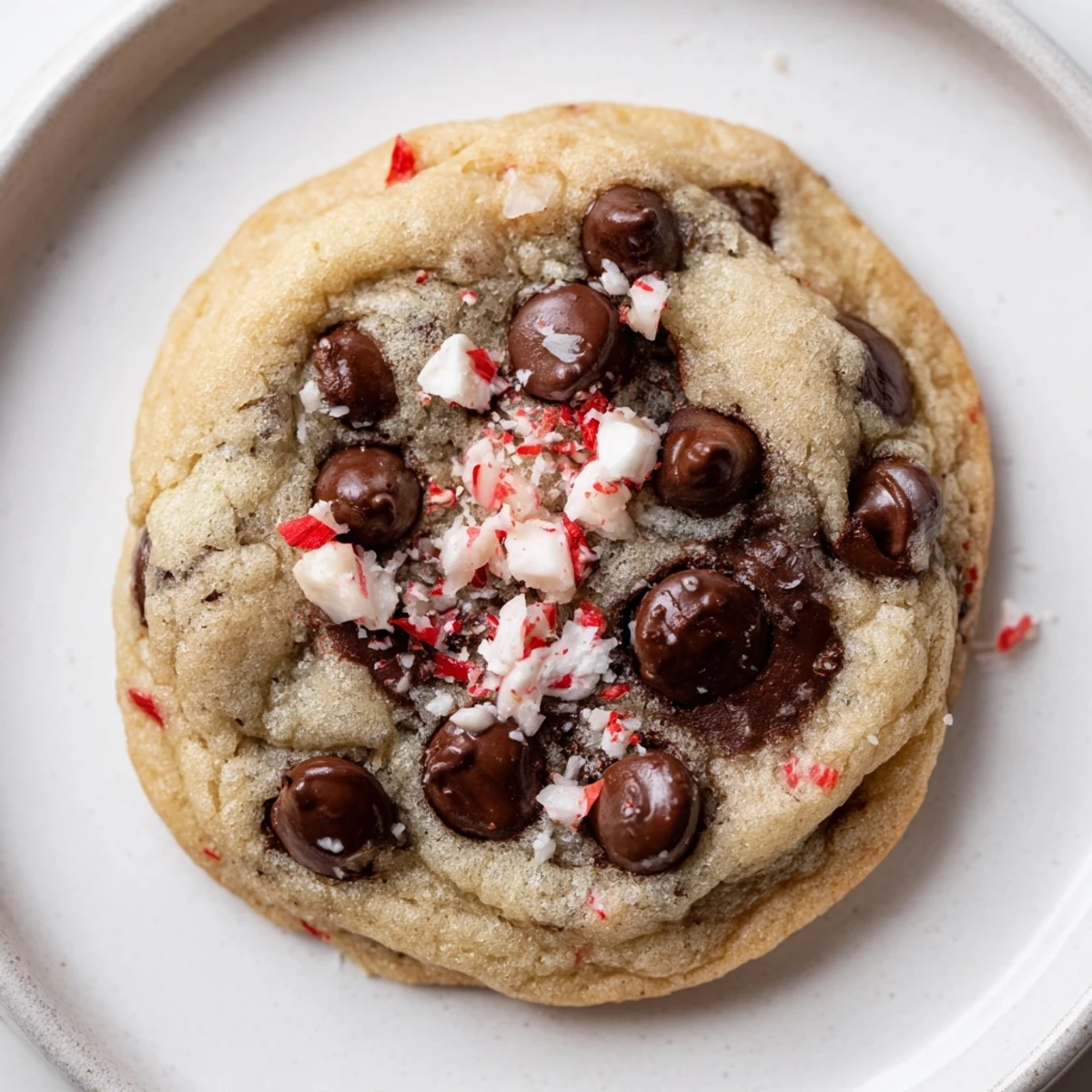 Tray of freshly baked Peppermint Chocolate Chip Cookies with crushed candy cane garnish