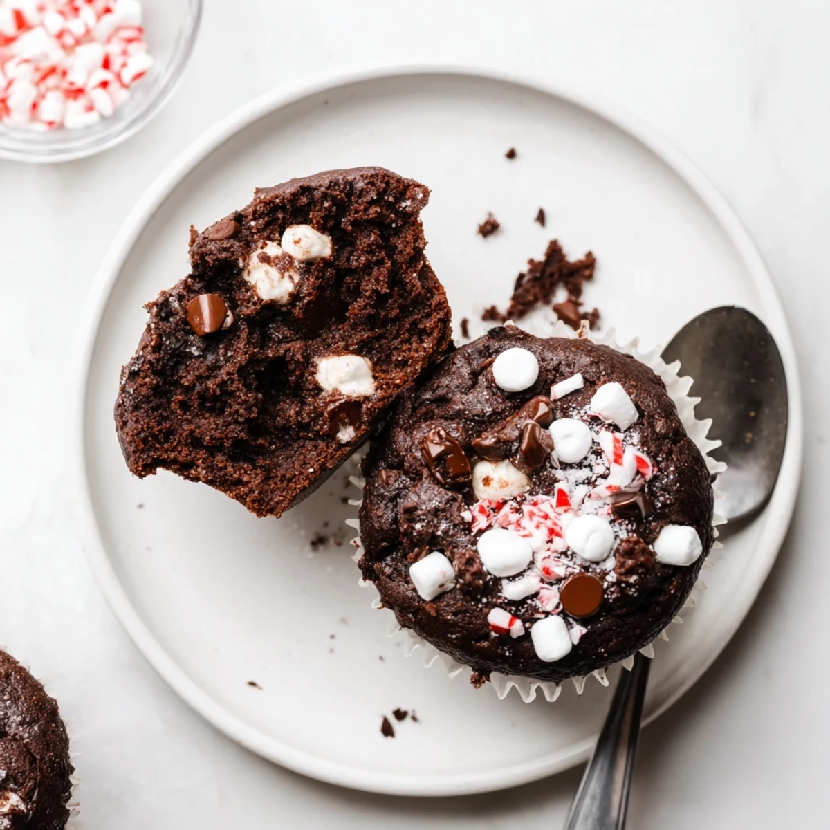 Peppermint Hot Chocolate Muffins resting on wire rack, chocolate chips glistening  