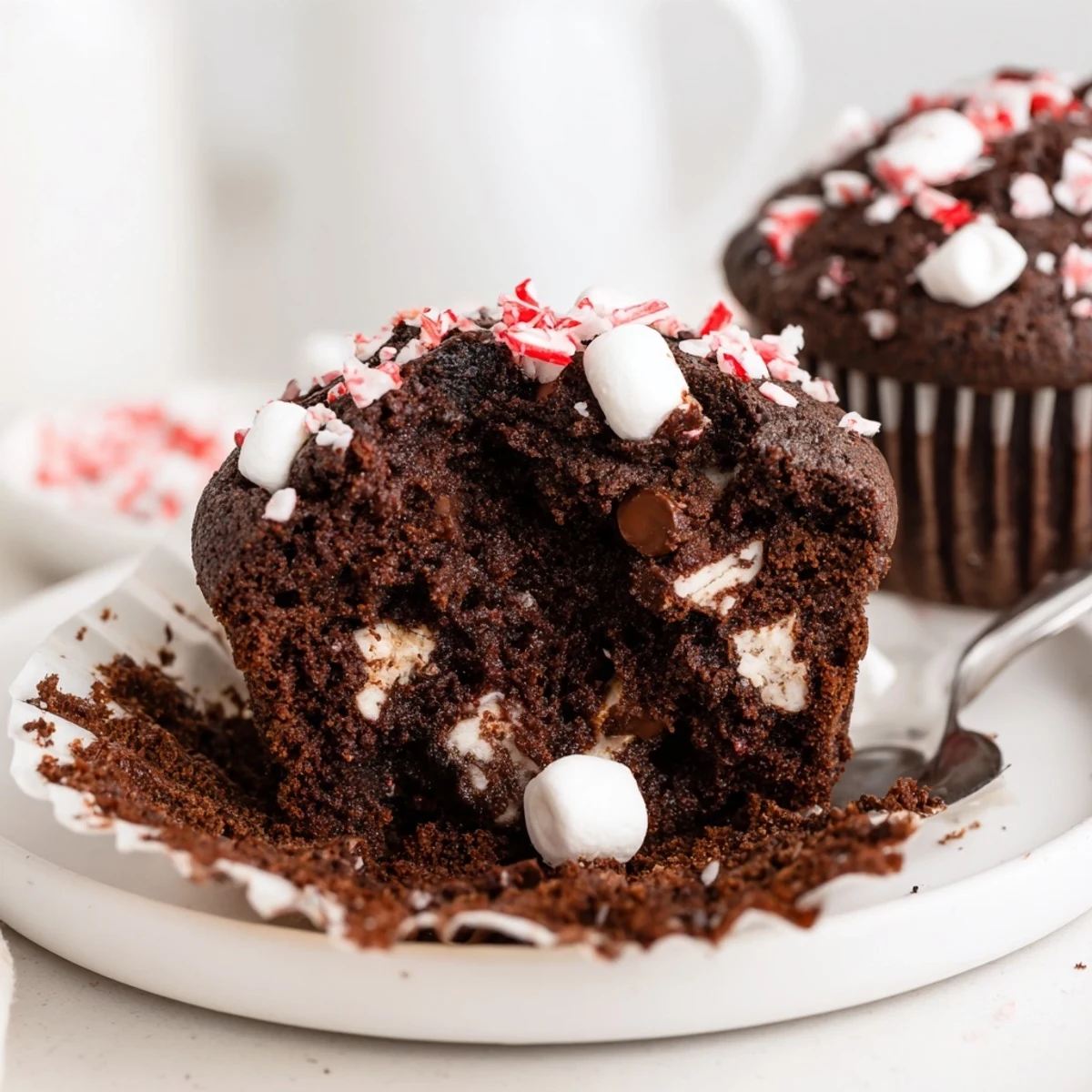 Warm Peppermint Hot Chocolate Muffins with crushed peppermint, steam rising invitingly  