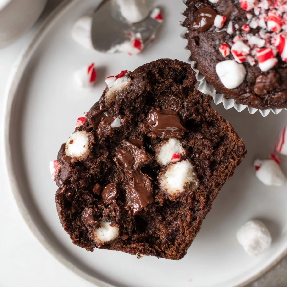 A plate of Peppermint Hot Chocolate Muffins topped with marshmallows and powdered sugar