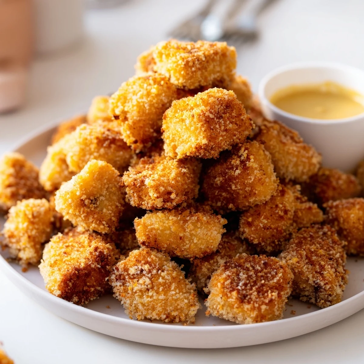 Golden, crispy Chicken Bites piled on a napkin with steaming aroma