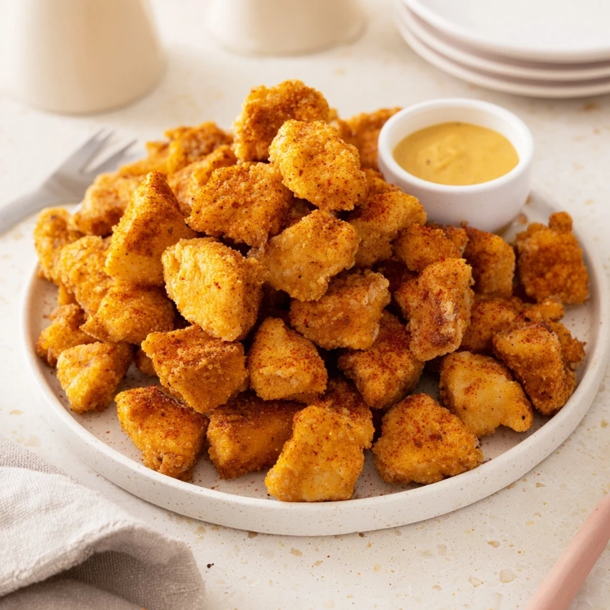 Small, tender Chicken Bites glistening with oil, ready for dipping
