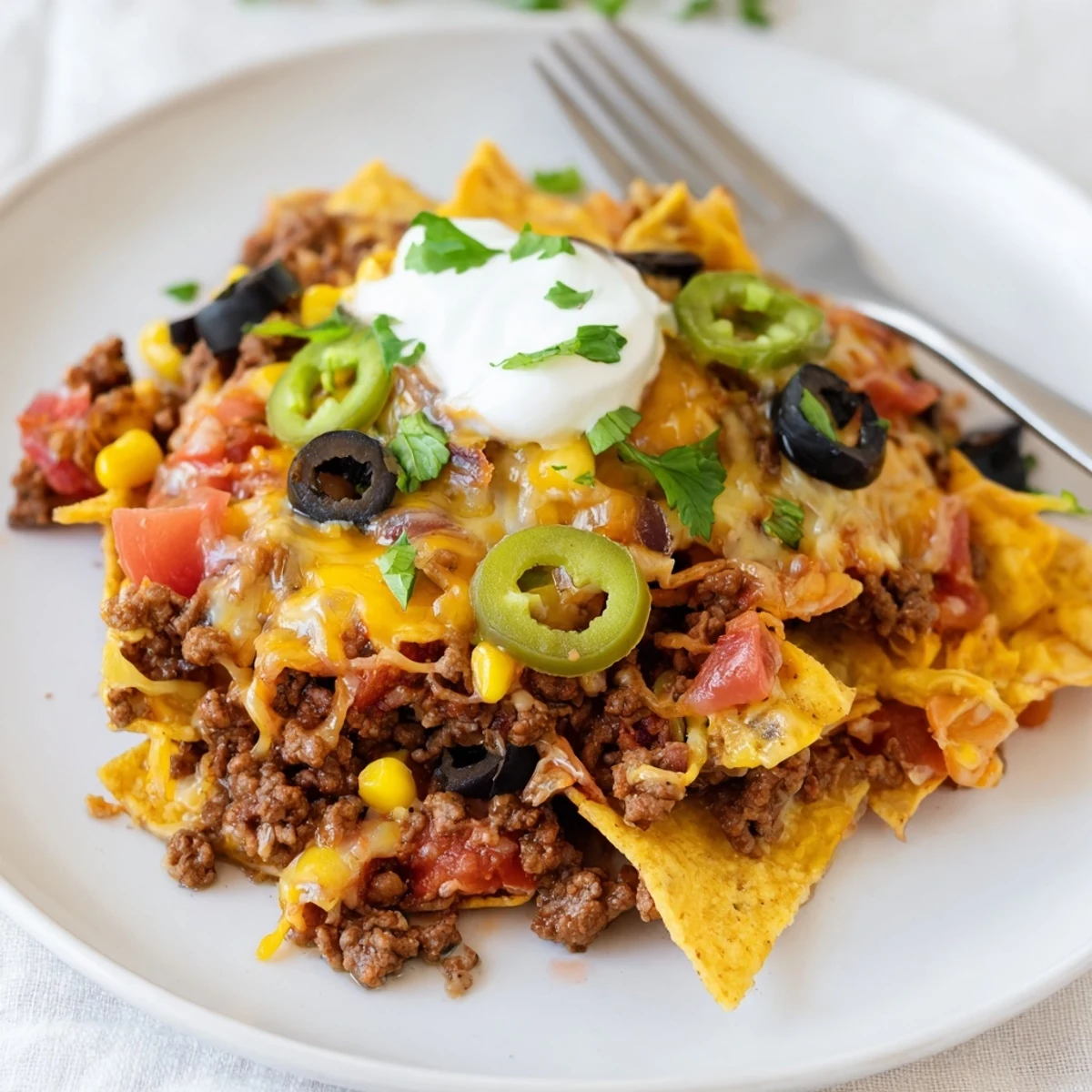 Bubbling Cheesy Nacho Casserole with golden cheese, crispy chips, fresh cilantro.