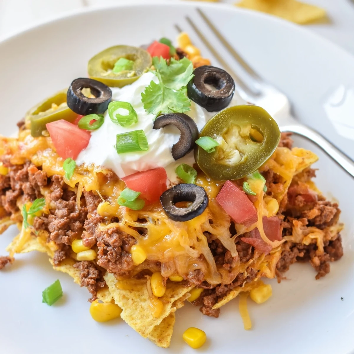 Hearty Cheesy Nacho Casserole layered with seasoned beef, crunchy chips, ready for game night.