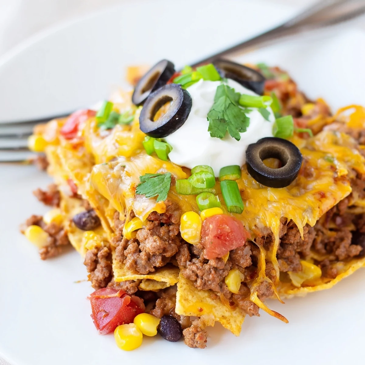 Oven hot Cheesy Nacho Casserole served with sour cream and jalapeños.