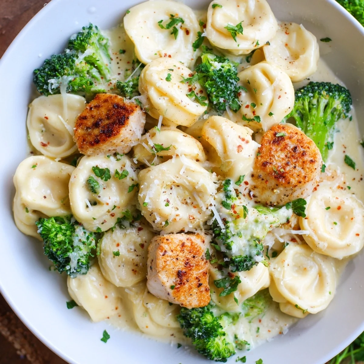 Spoon ready Creamy Garlic Parmesan Tortellini Chicken Broccoli Recipe showcasing cheesy sauce and broccoli florets