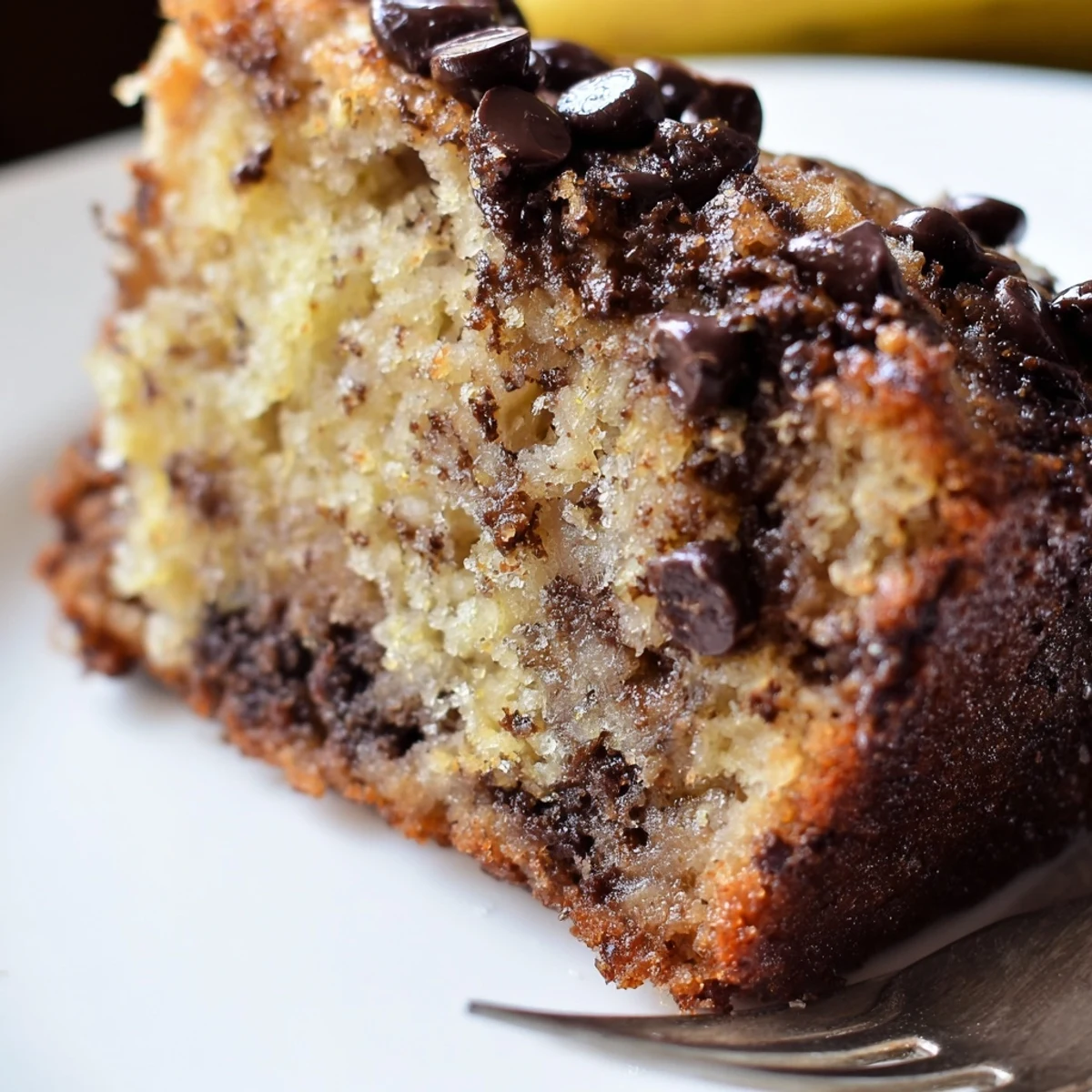 Warm Banana Chocolate Chip Cake Recipe slice steaming beside melting vanilla ice cream