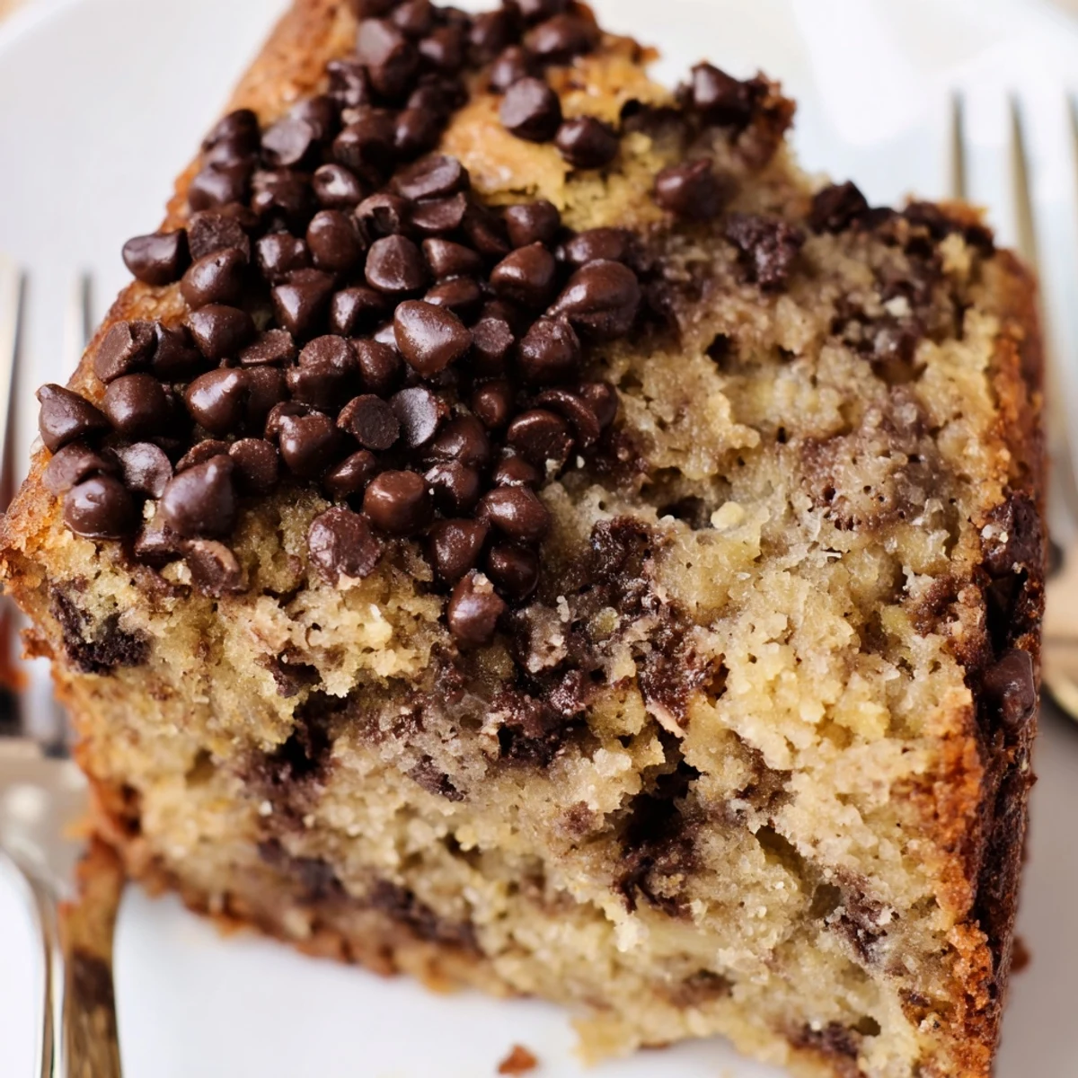 Moist, just-baked Banana Chocolate Chip Cake Recipe cooling on a wire rack, chocolate streaks