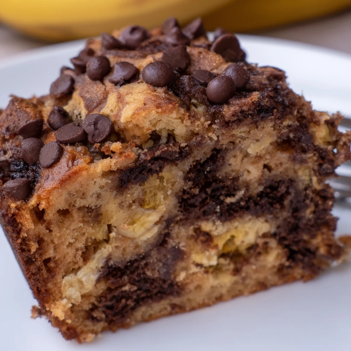 Fork-torn Banana Chocolate Chip Cake Recipe showing tender crumb, bananas, and glossy chips
