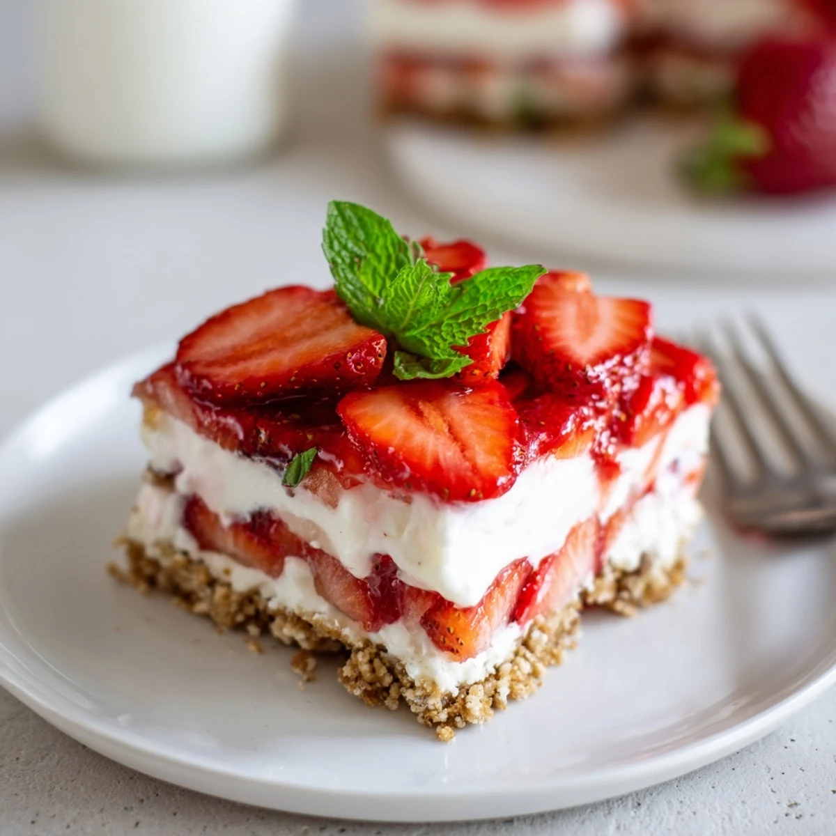 Sliced No Bake Strawberry Shortcake Dessert showing creamy layers, macerated strawberries, mint