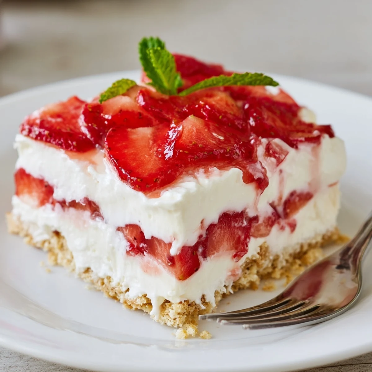 Ready to serve No Bake Strawberry Shortcake Dessert layered over crushed graham cracker crust