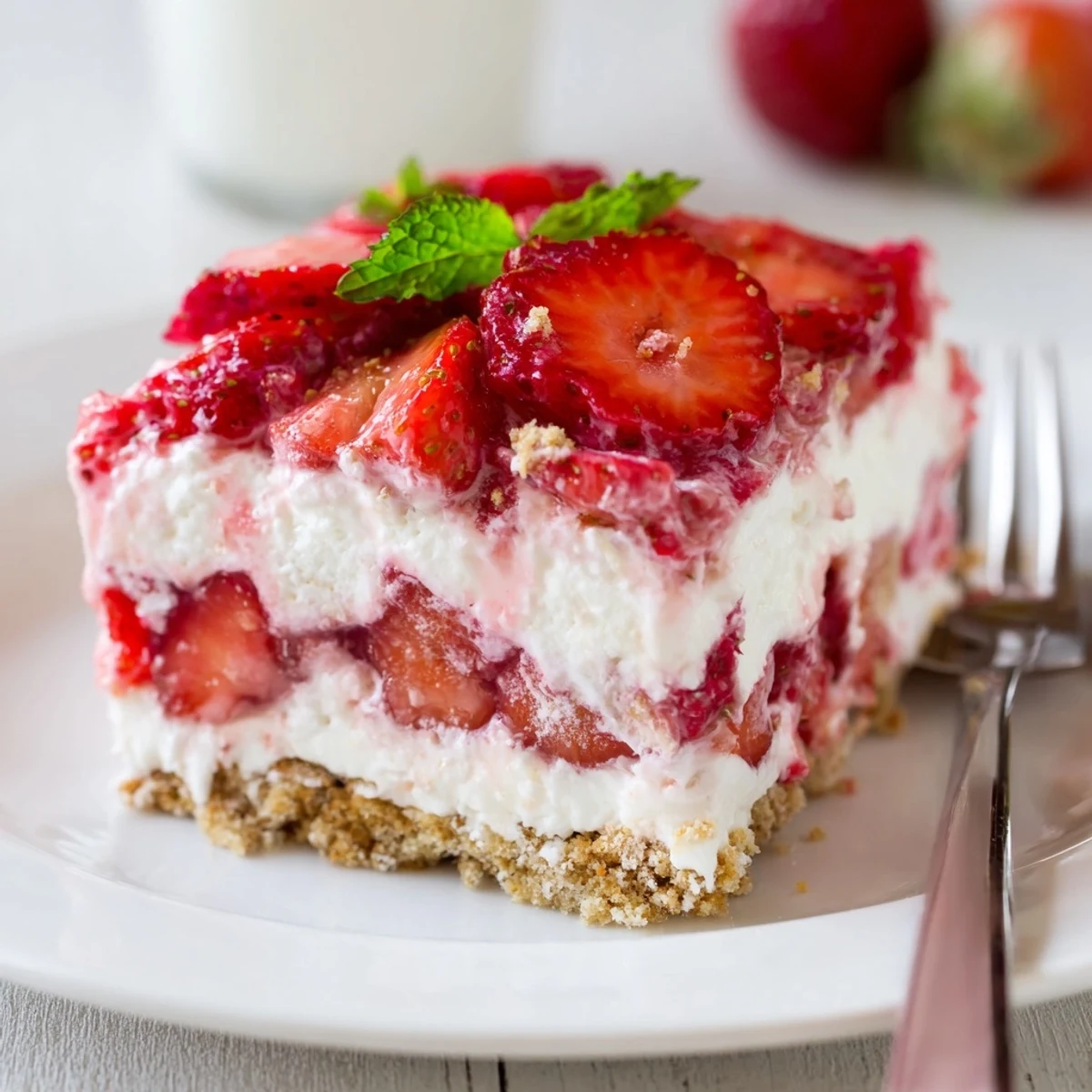 No Bake Strawberry Shortcake Dessert chilled overnight, garnished with fresh mint and strawberries