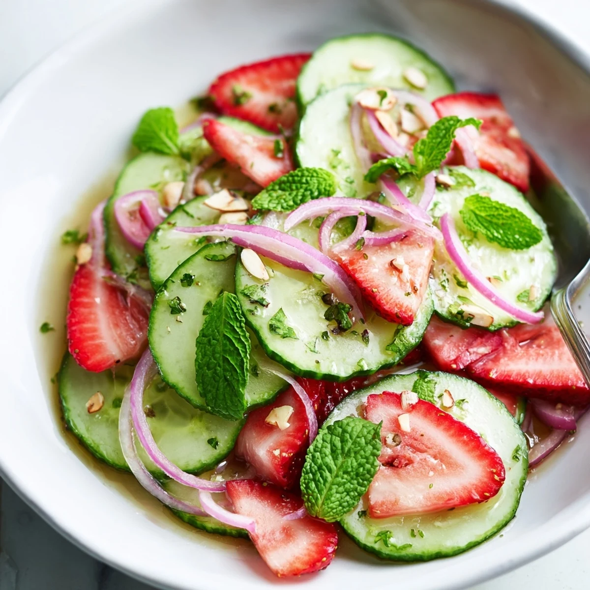 Cucumber Strawberry Salad Recipe: crisp cucumber ribbons, sweet berries, mint-scented dressing.