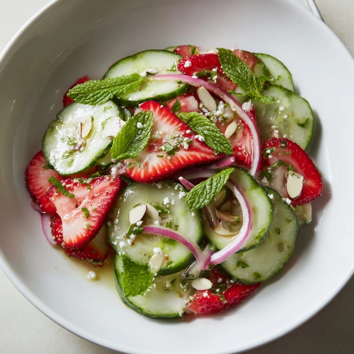 Bright Cucumber Strawberry Salad Recipe for summer lunches, tossed in tangy balsamic vinaigrette.
