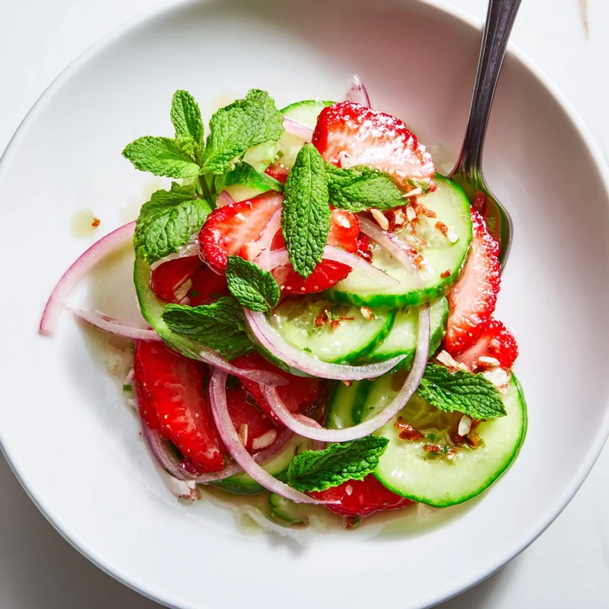 Simple Cucumber Strawberry Salad Recipe served immediately with crumbled feta and toasted almonds.
