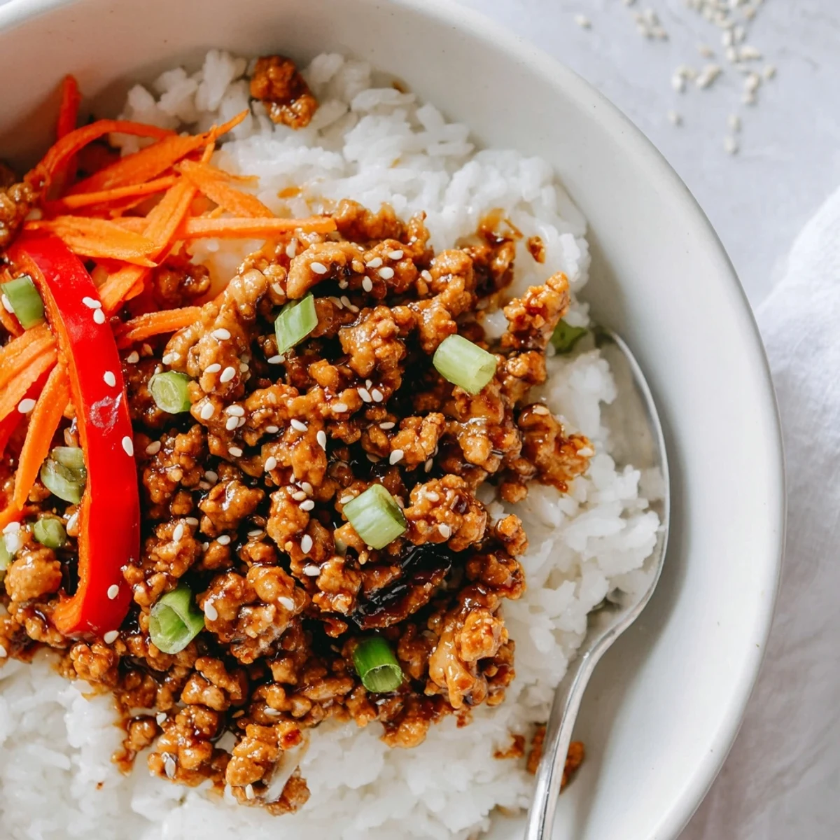 Teriyaki Turkey Rice Bowls with glossy sesame glaze, steaming rice and crisp vegetables