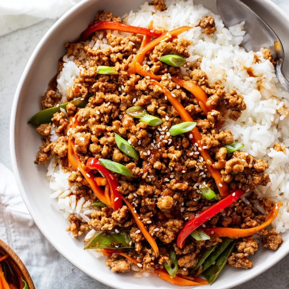 Steaming Teriyaki Turkey Rice Bowls topped with green onions and toasted sesame
