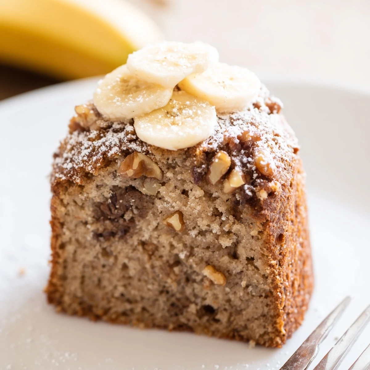 Moist Banana Bread Cake Recipe studded with chocolate chips, served warm.