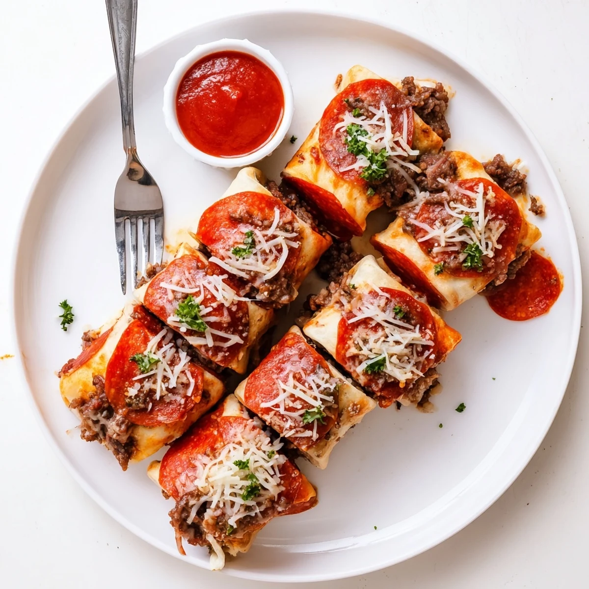 Cheesy Beef Pepperoni Pizza Roll Ups Snack Recipe with golden crust, gooey cheese, marinara  