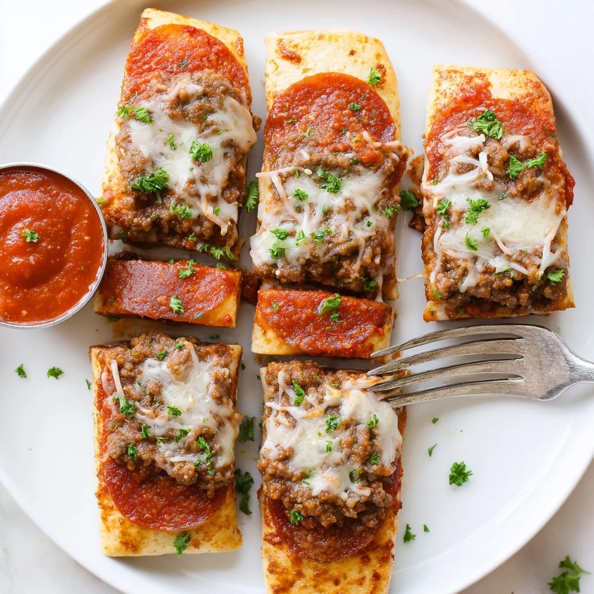 Cheesy Beef Pepperoni Pizza Roll Ups Snack Recipe bright basil garnish, crisp edges, cooling
