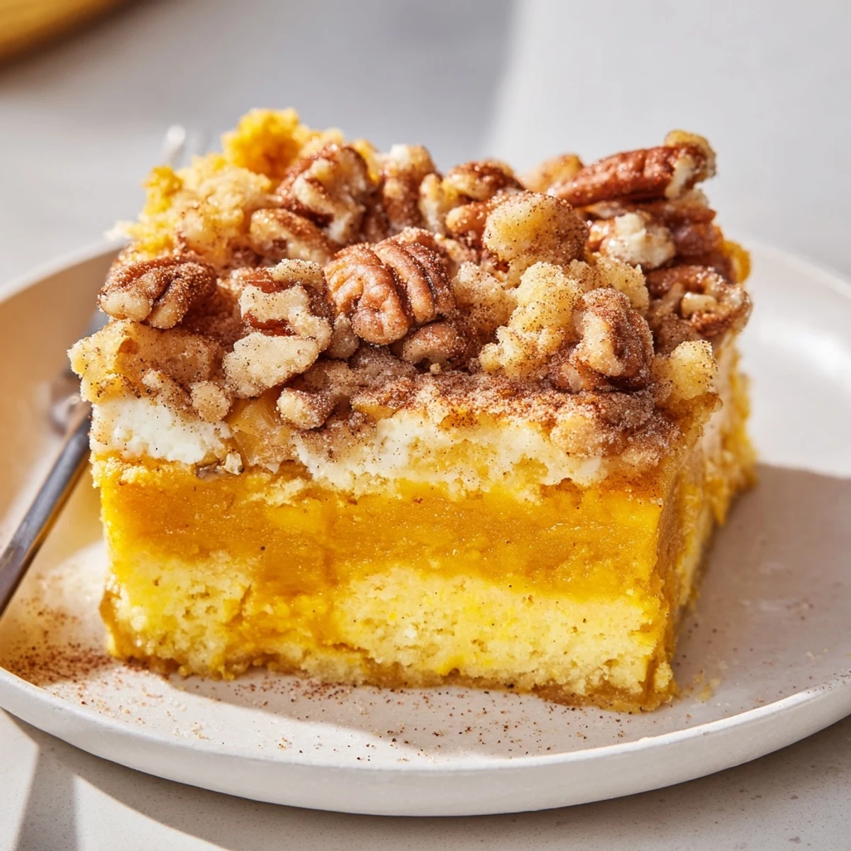 Warm Pumpkin Dump Cake with golden pecan crust, steam rising, spoon ready